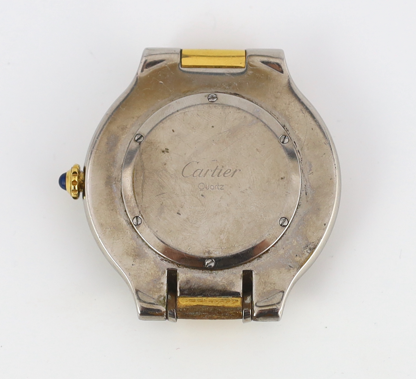 A modern Must de Cartier steel and gold plated quartz travelling timepiece